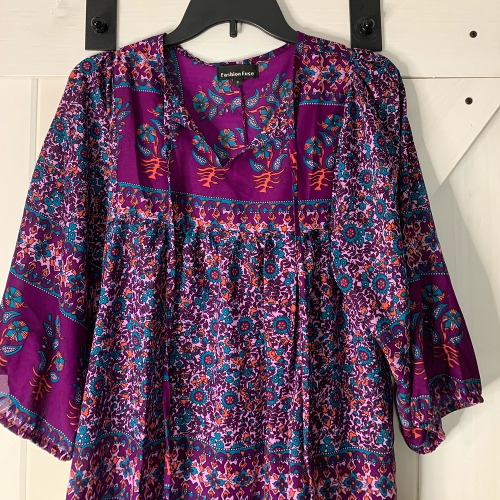 Women’s Fashion Fuse Purple Floral Wide Short Sleeve Oversized Boho Tunic Small - Picture 5 of 10